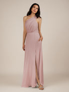 KissDress-Gaura Dusty Rose A Line Chiffon One Shoulder Pleated Long Bridesmaid Dress with Slit