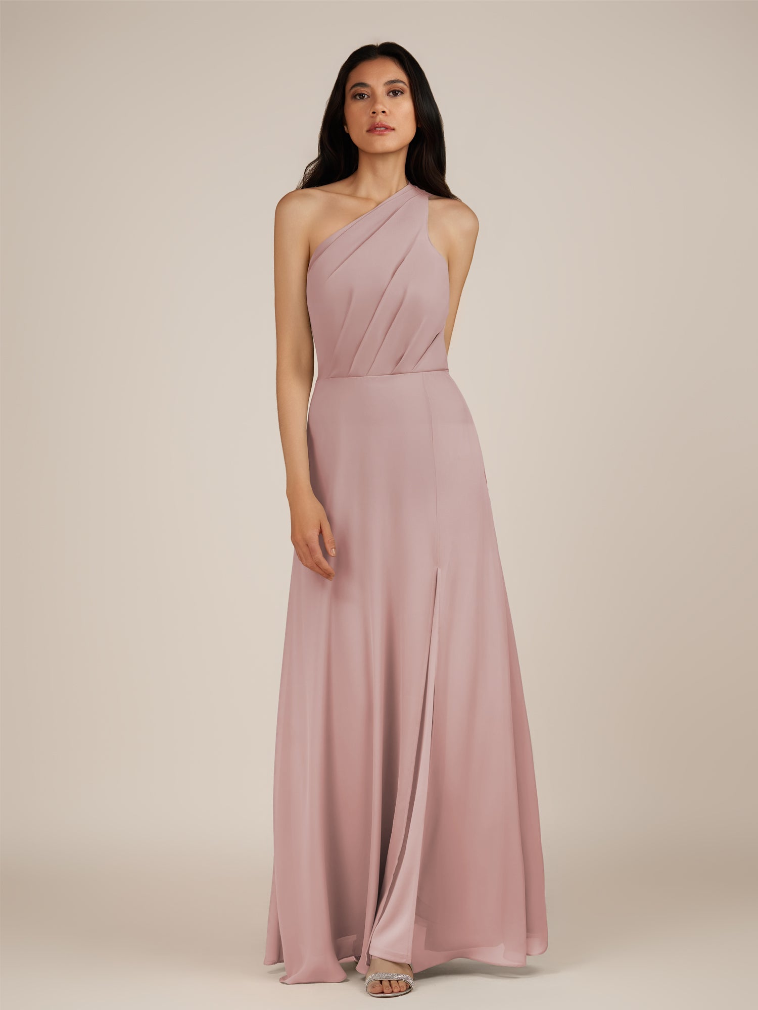 KissDress-Gaura Dusty Rose A Line Chiffon One Shoulder Pleated Long Bridesmaid Dress with Slit
