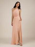 KissDress-Gaura English Rose A Line Chiffon One Shoulder Pleated Long Bridesmaid Dress with Slit