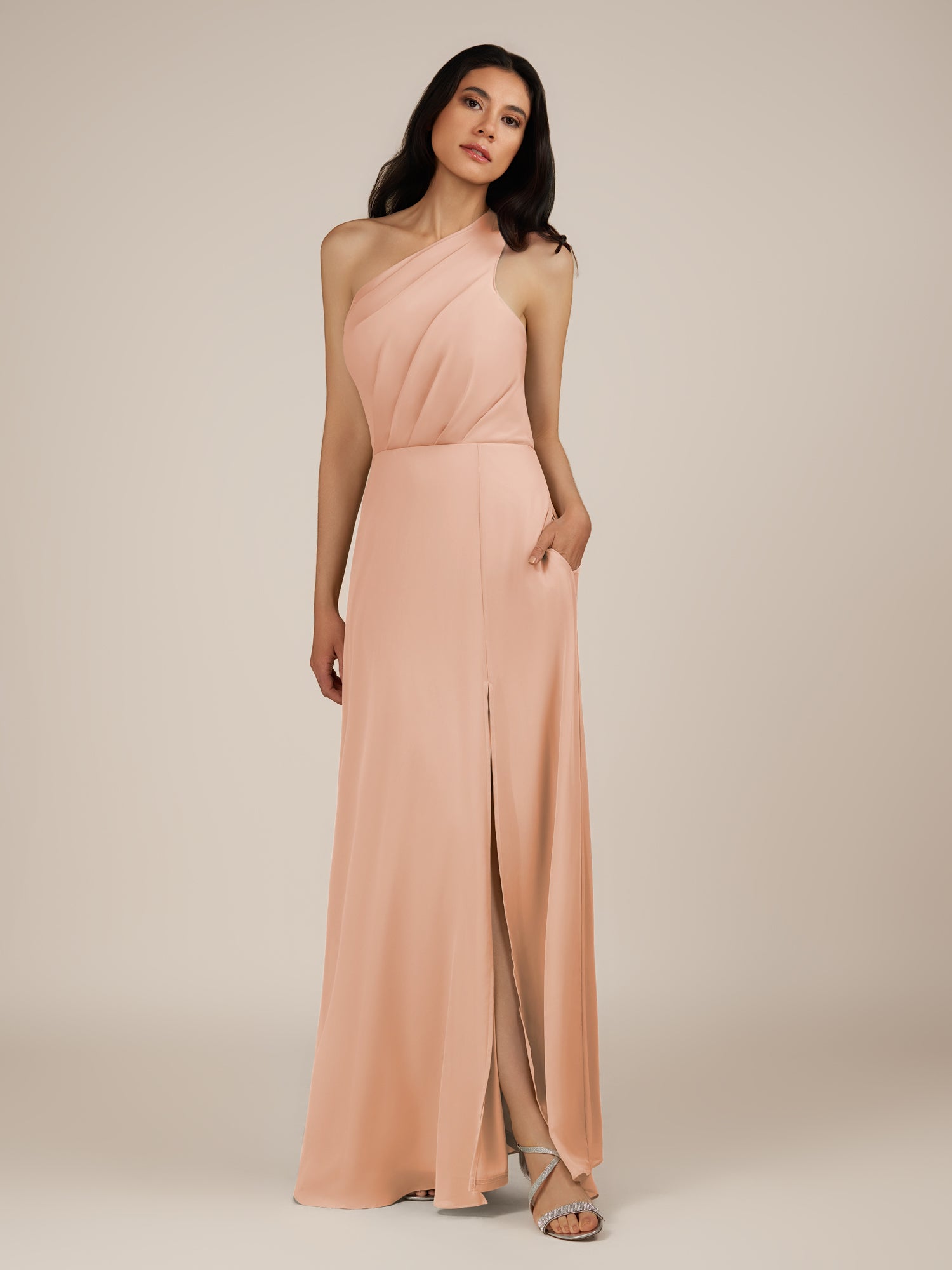KissDress-Gaura English Rose A Line Chiffon One Shoulder Pleated Long Bridesmaid Dress with Slit