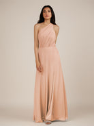 KissDress-Gaura English Rose A Line Chiffon One Shoulder Pleated Long Bridesmaid Dress with Slit