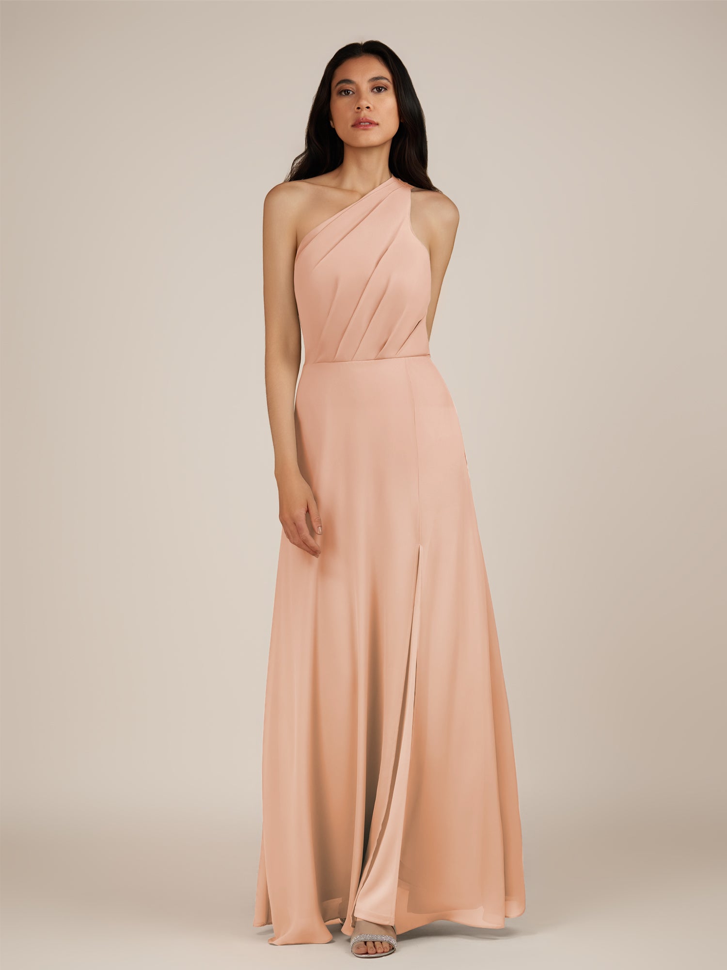 KissDress-Gaura English Rose A Line Chiffon One Shoulder Pleated Long Bridesmaid Dress with Slit