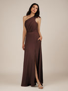 KissDress-Gaura Espresso A Line Chiffon One Shoulder Pleated Long Bridesmaid Dress with Slit