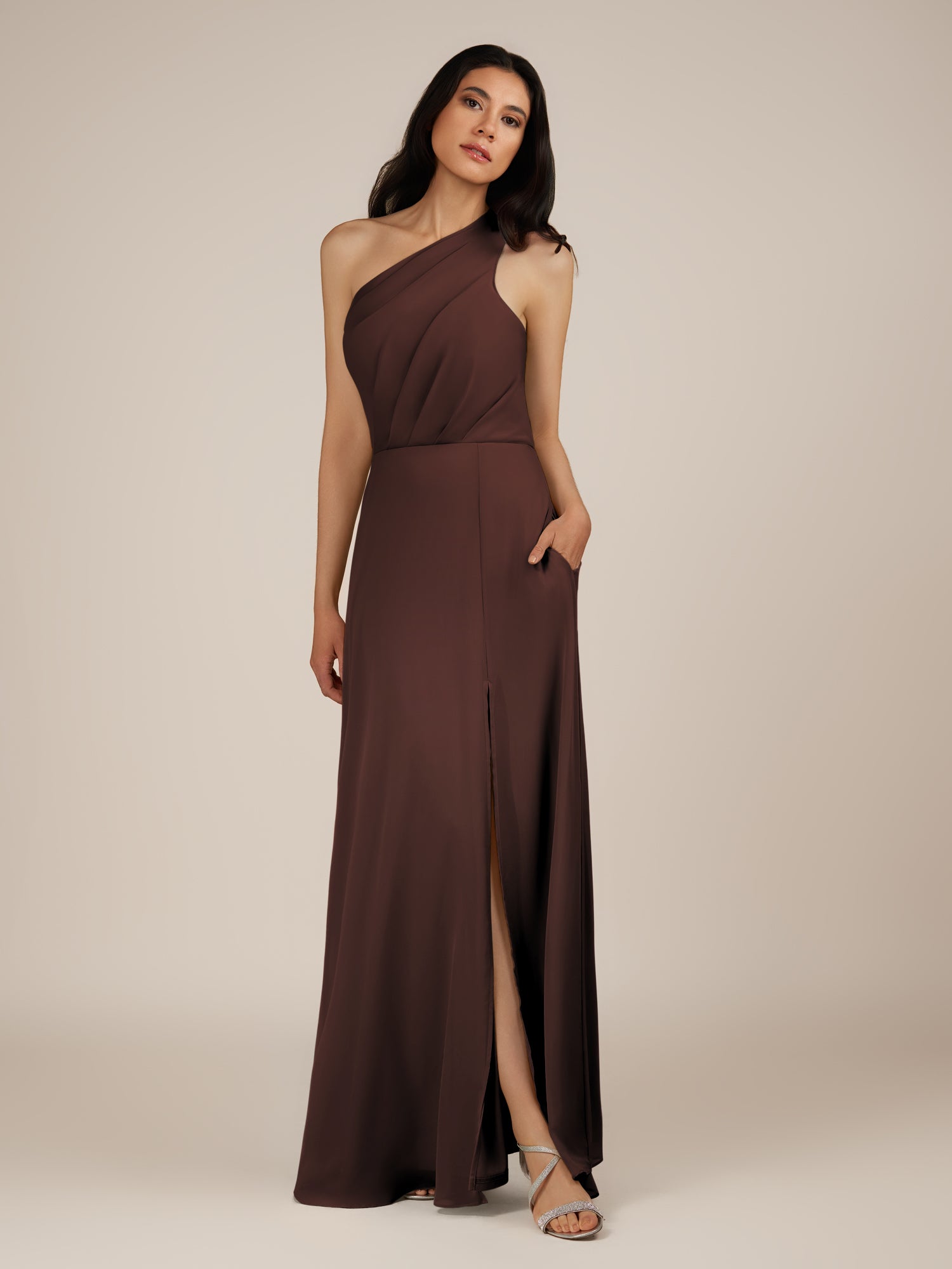 KissDress-Gaura Espresso A Line Chiffon One Shoulder Pleated Long Bridesmaid Dress with Slit