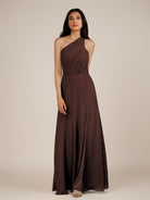 KissDress-Gaura Espresso A Line Chiffon One Shoulder Pleated Long Bridesmaid Dress with Slit