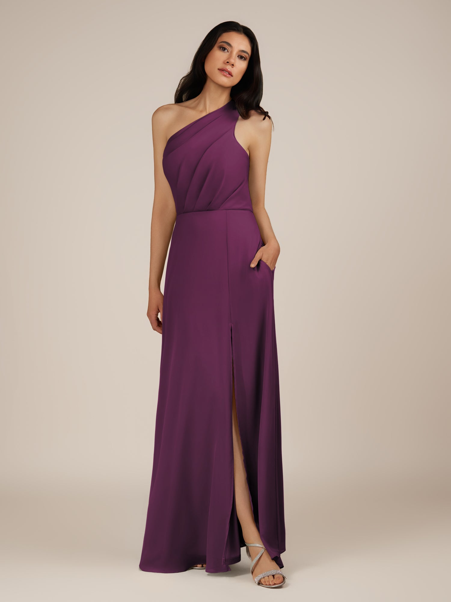 KissDress-Gaura Fig A Line Chiffon One Shoulder Pleated Long Bridesmaid Dress with Slit