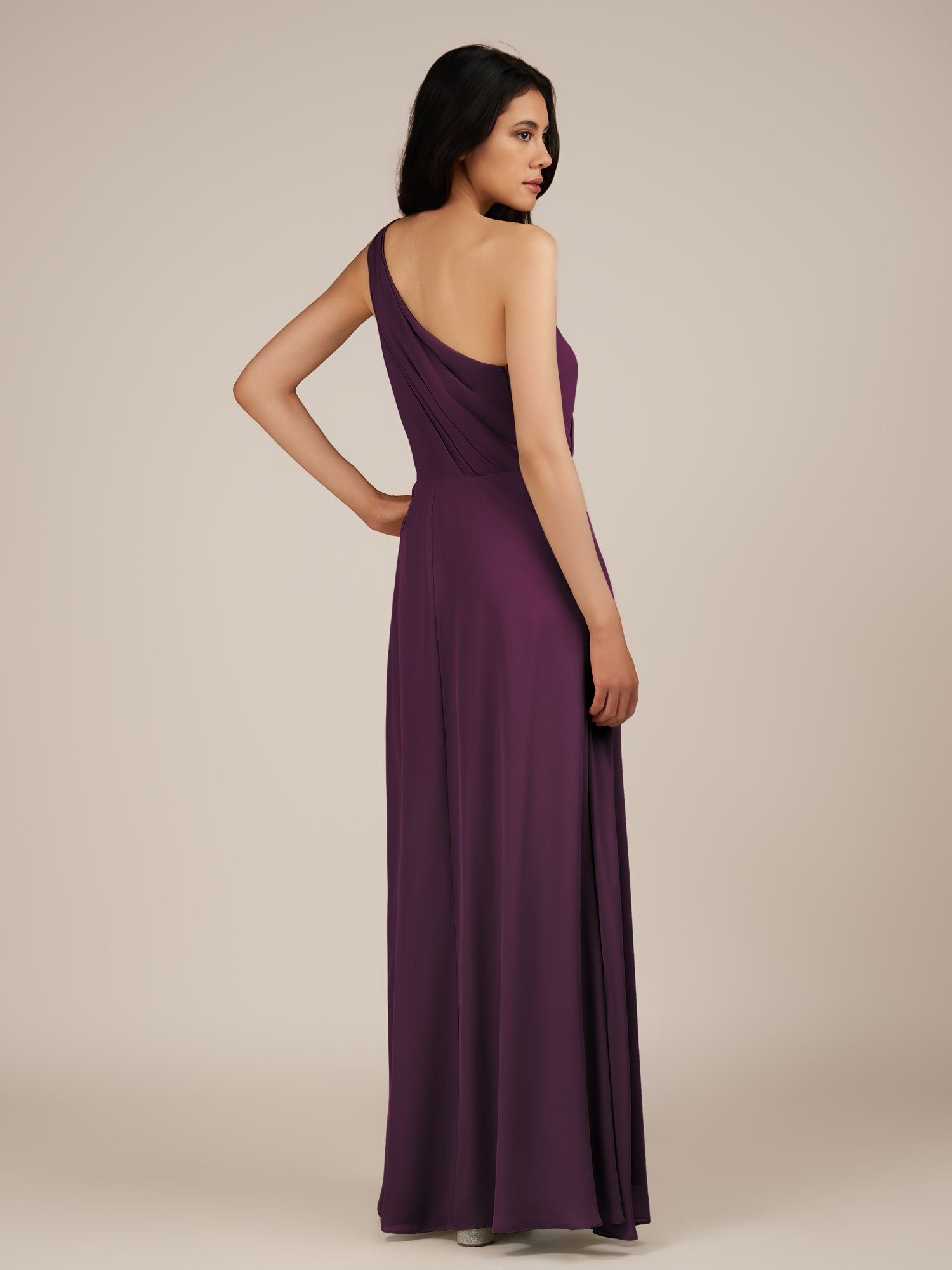 KissDress-Gaura Fig A Line Chiffon One Shoulder Pleated Long Bridesmaid Dress with Slit