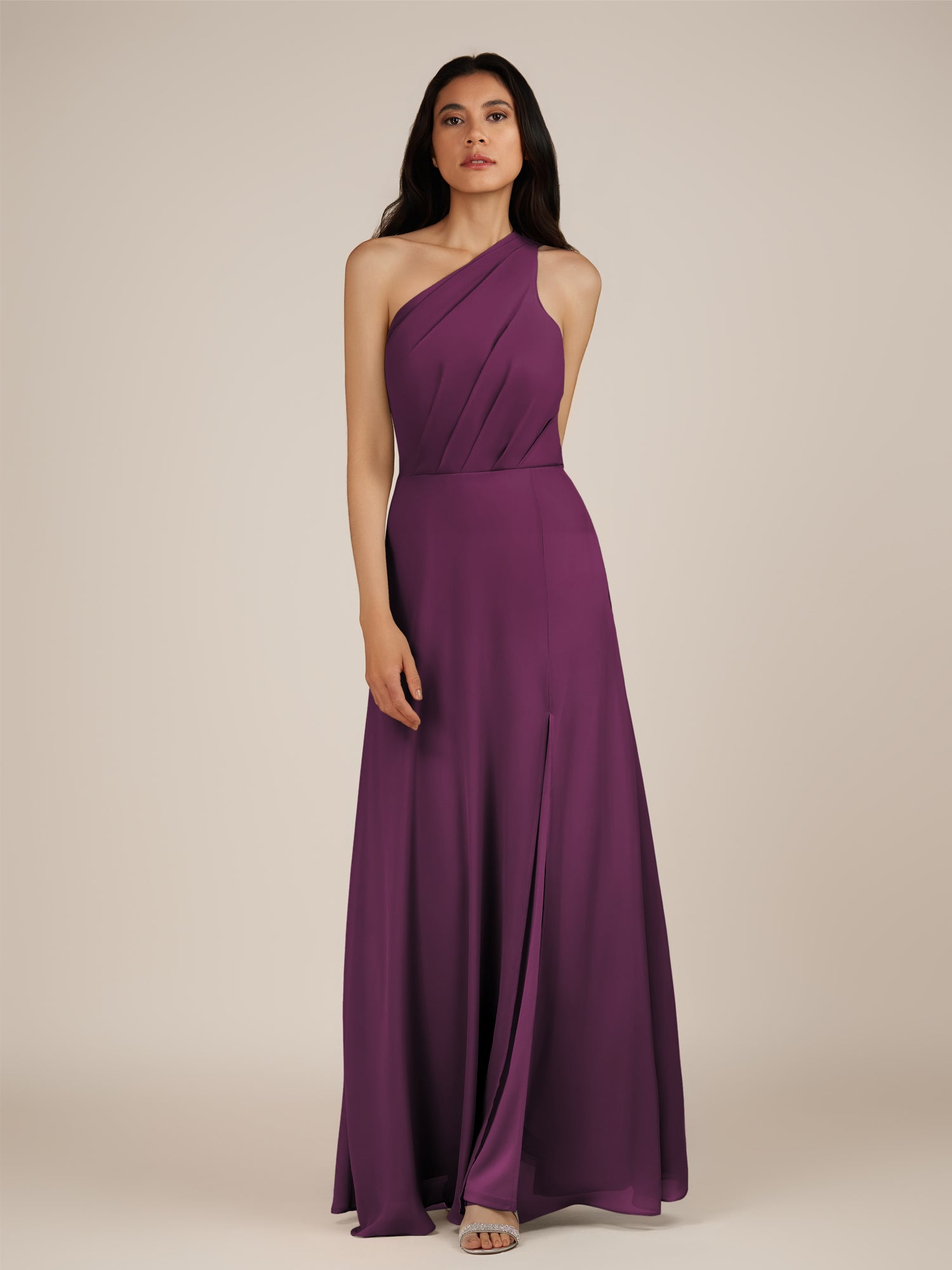 KissDress-Gaura Fig A Line Chiffon One Shoulder Pleated Long Bridesmaid Dress with Slit