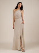 KissDress-Gaura Frost A Line Chiffon One Shoulder Pleated Long Bridesmaid Dress with Slit