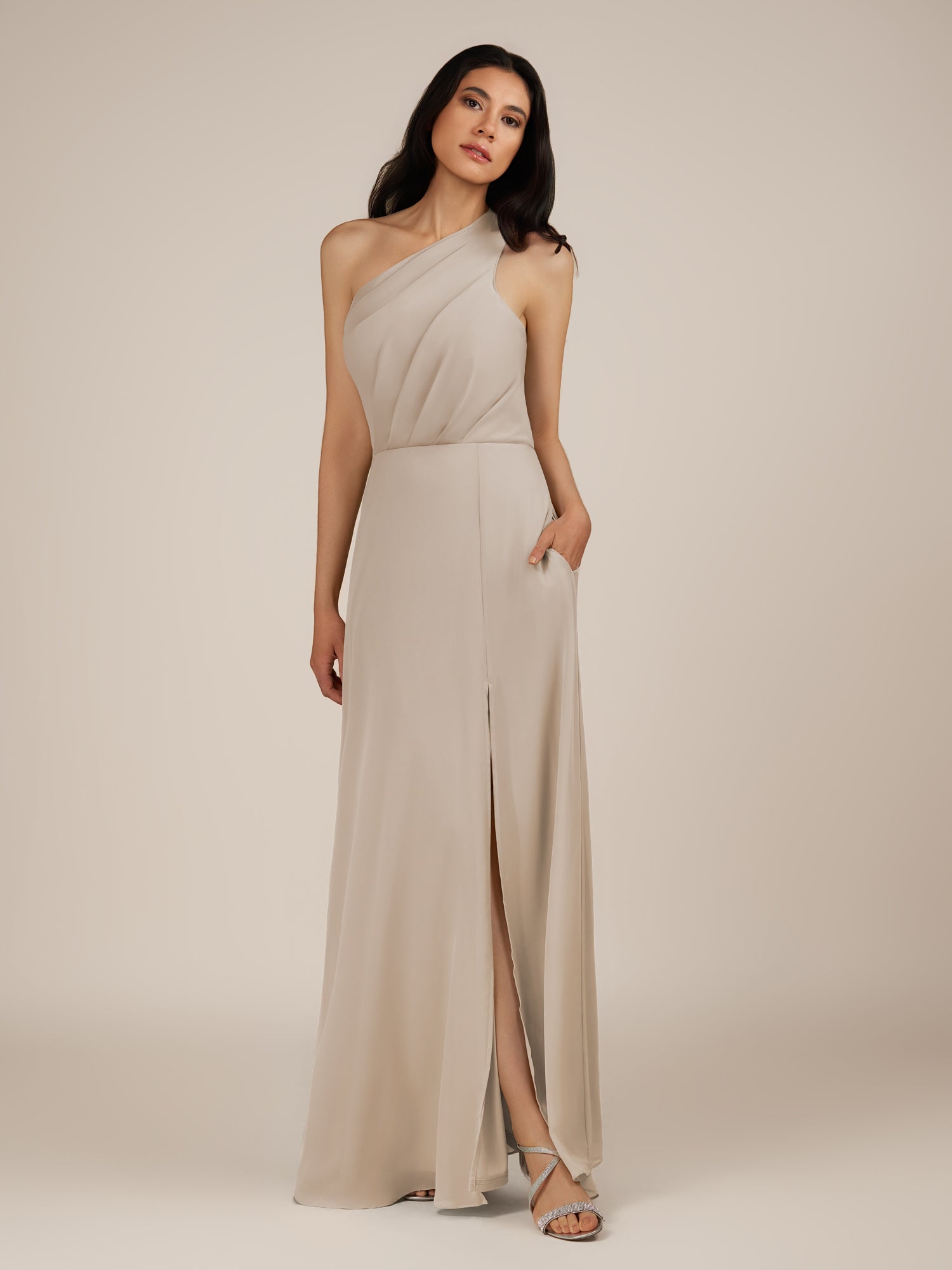 KissDress-Gaura Frost A Line Chiffon One Shoulder Pleated Long Bridesmaid Dress with Slit