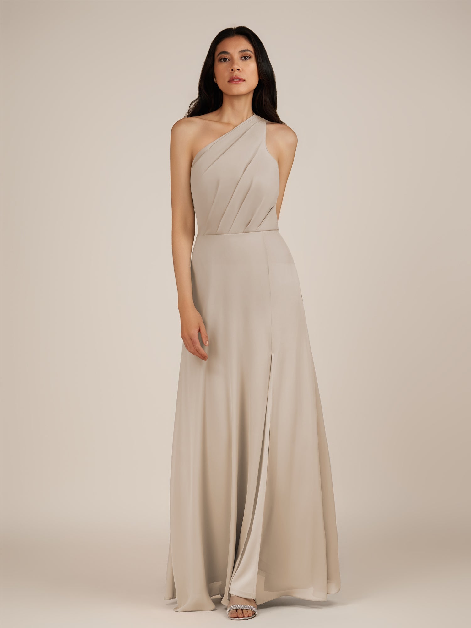 KissDress-Gaura Frost A Line Chiffon One Shoulder Pleated Long Bridesmaid Dress with Slit