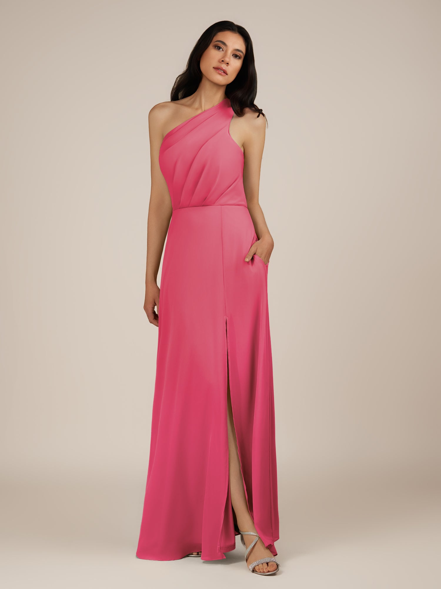 KissDress-Gaura Fuchsia A Line Chiffon One Shoulder Pleated Long Bridesmaid Dress with Slit