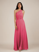 KissDress-Gaura Fuchsia A Line Chiffon One Shoulder Pleated Long Bridesmaid Dress with Slit