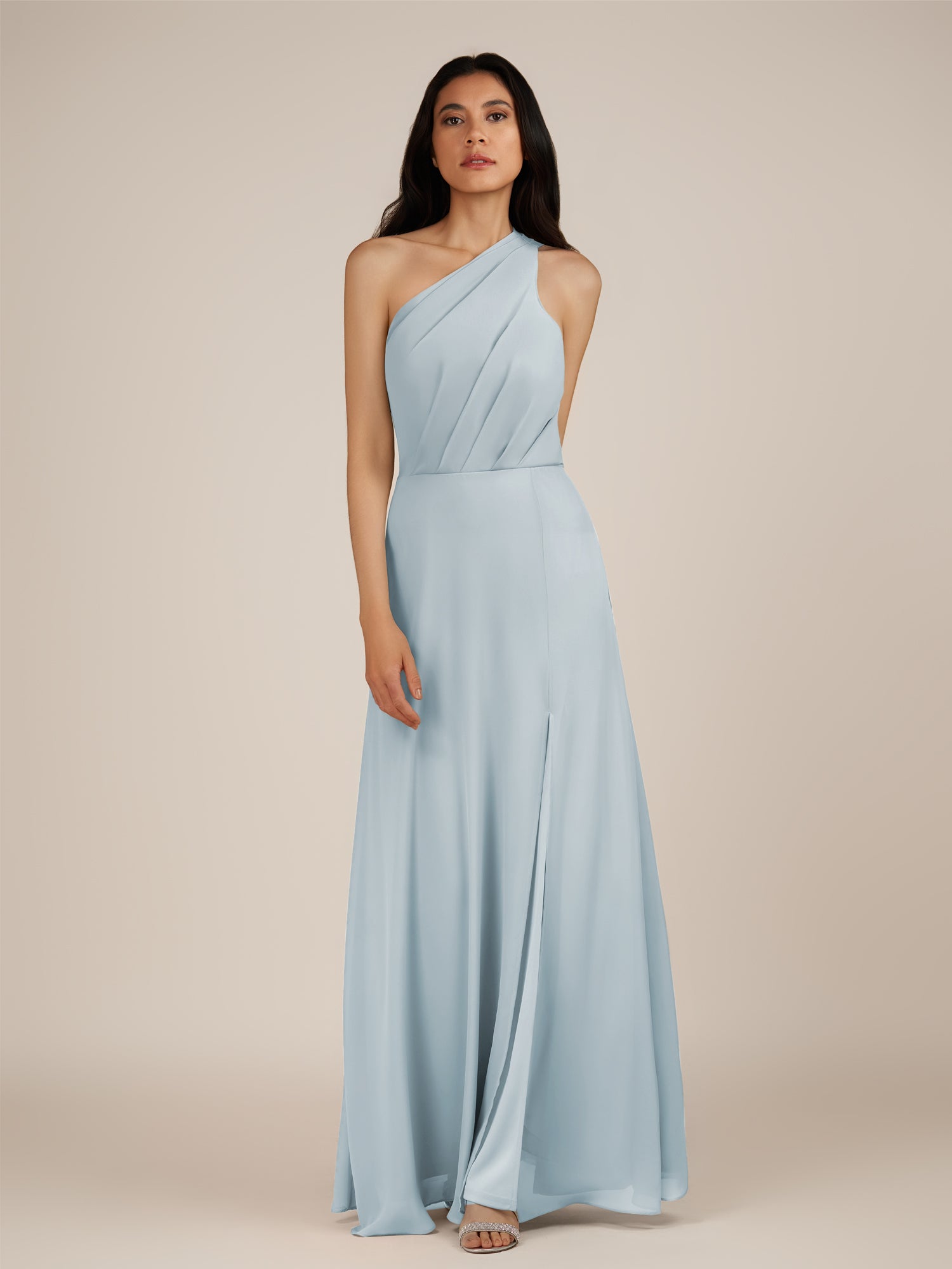 KissDress-Gaura Ice A Line Chiffon One Shoulder Pleated Long Bridesmaid Dress with Slit