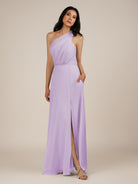 KissDress-Gaura Lavender A Line Chiffon One Shoulder Pleated Long Bridesmaid Dress with Slit