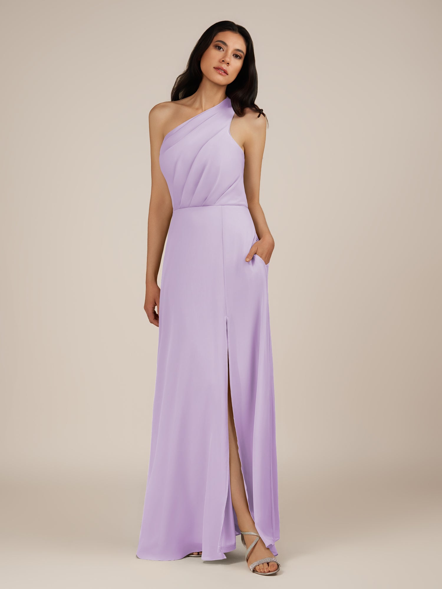 KissDress-Gaura Lavender A Line Chiffon One Shoulder Pleated Long Bridesmaid Dress with Slit