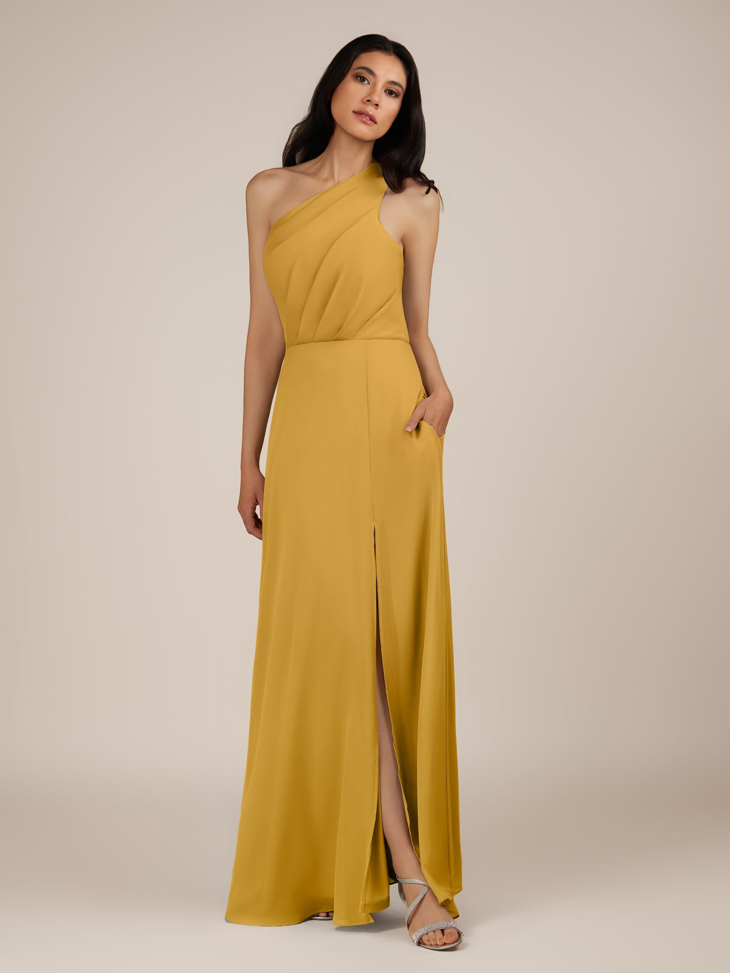 KissDress-Gaura Marigold A Line Chiffon One Shoulder Pleated Long Bridesmaid Dress with Slit