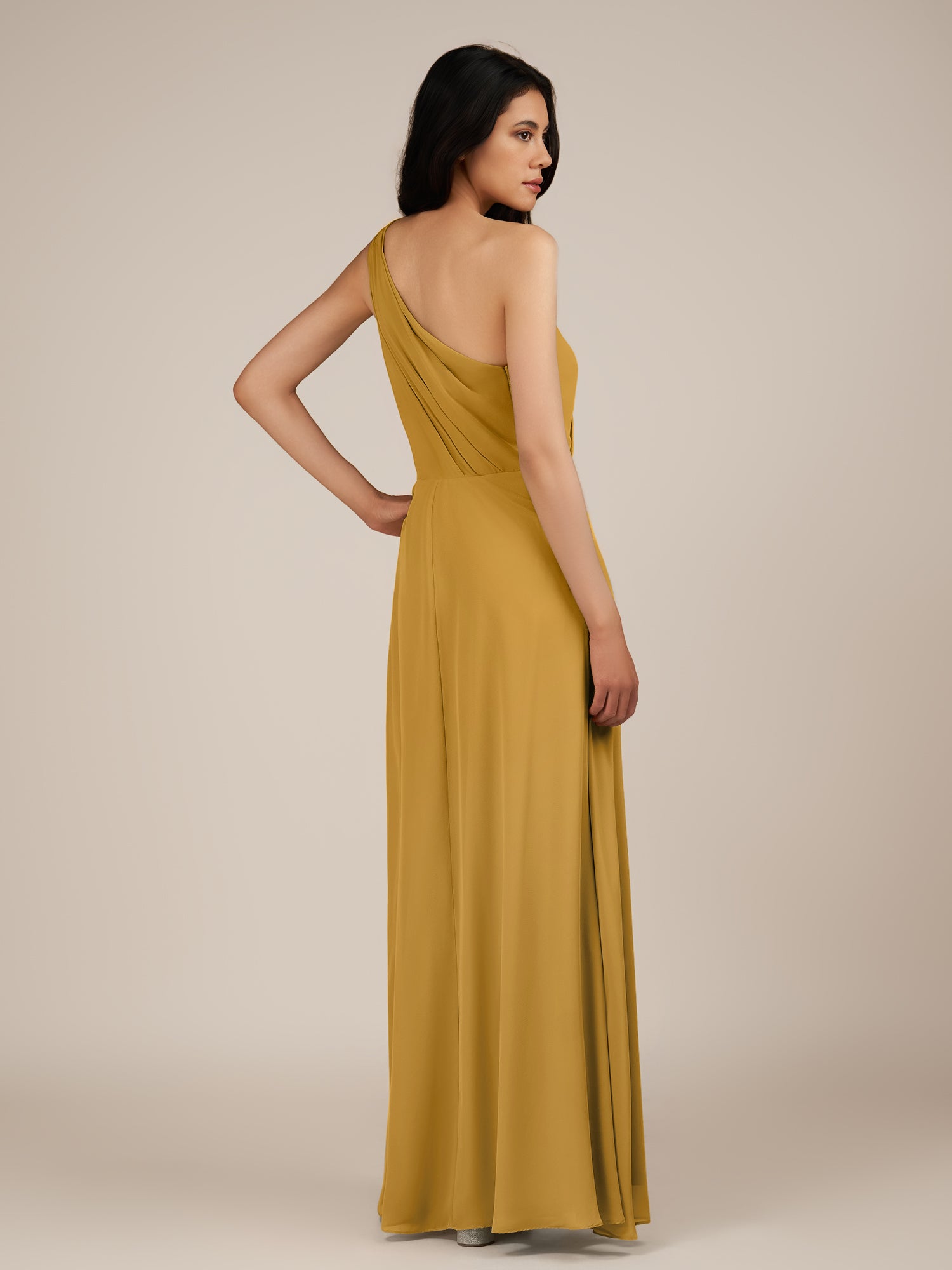 KissDress-Gaura Marigold A Line Chiffon One Shoulder Pleated Long Bridesmaid Dress with Slit