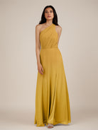 KissDress-Gaura Marigold A Line Chiffon One Shoulder Pleated Long Bridesmaid Dress with Slit