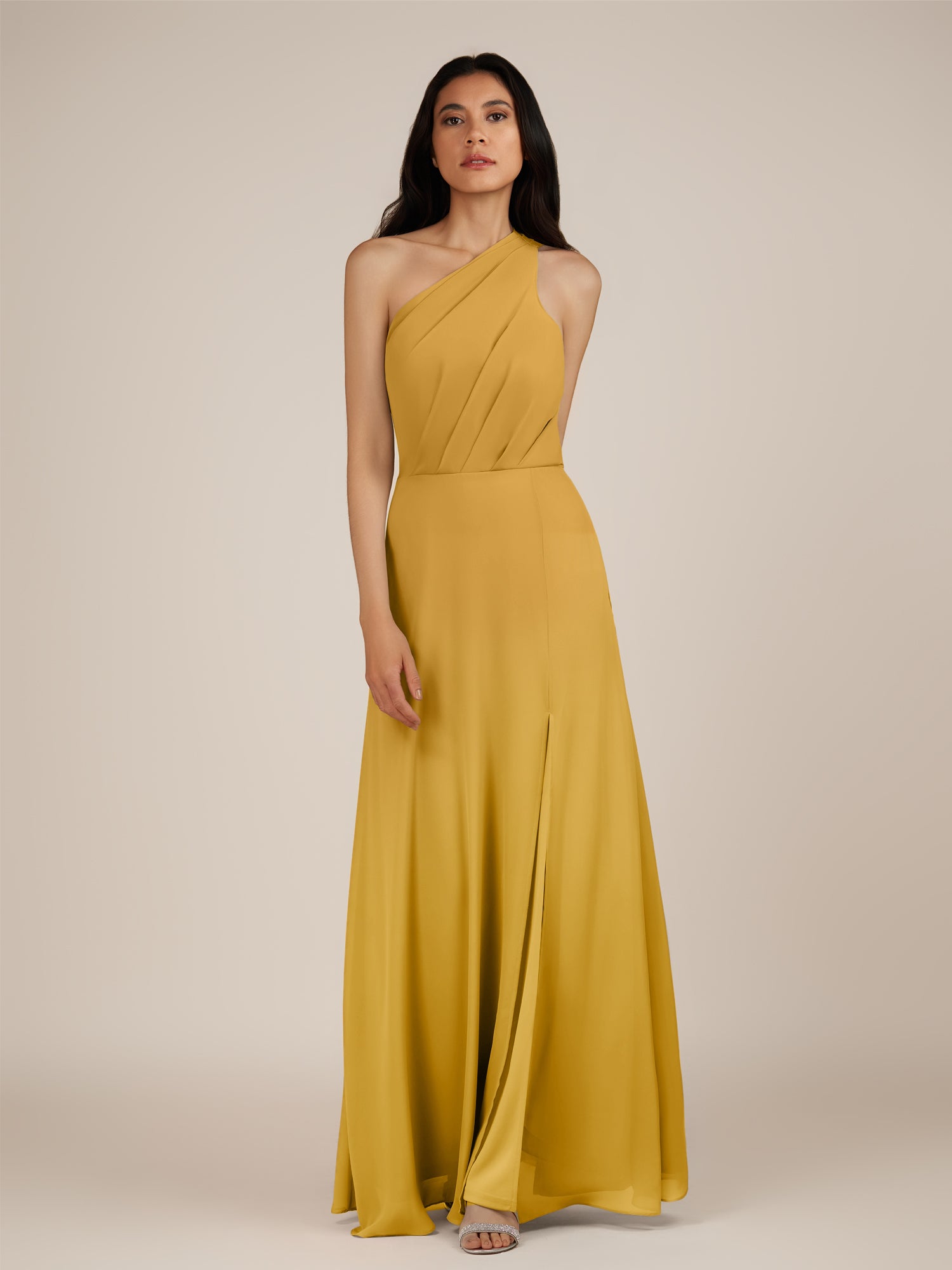 KissDress-Gaura Marigold A Line Chiffon One Shoulder Pleated Long Bridesmaid Dress with Slit