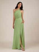 KissDress-Gaura Matcha A Line Chiffon One Shoulder Pleated Long Bridesmaid Dress with Slit