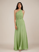 KissDress-Gaura Matcha A Line Chiffon One Shoulder Pleated Long Bridesmaid Dress with Slit