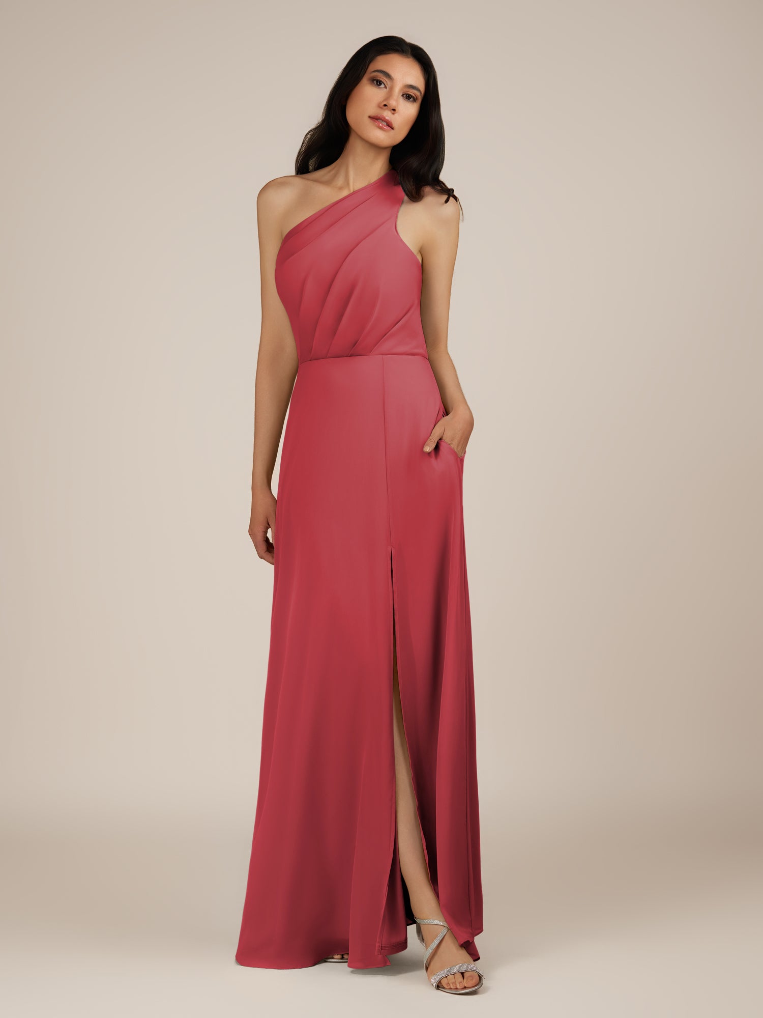 KissDress-Gaura Merlot A Line Chiffon One Shoulder Pleated Long Bridesmaid Dress with Slit