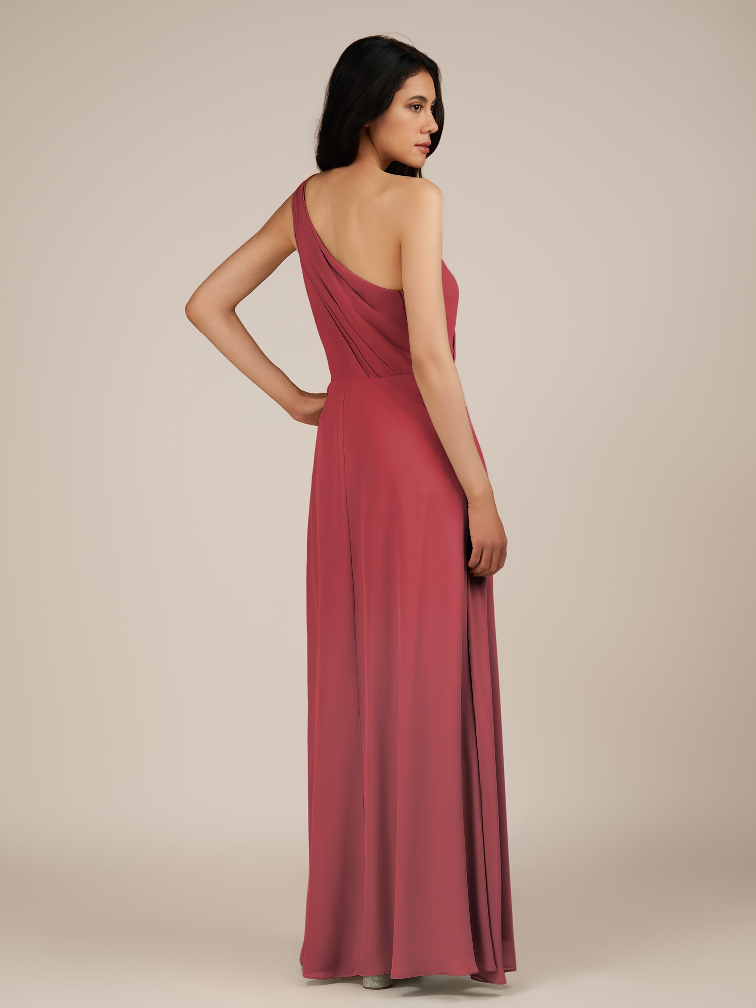 KissDress-Gaura Merlot A Line Chiffon One Shoulder Pleated Long Bridesmaid Dress with Slit