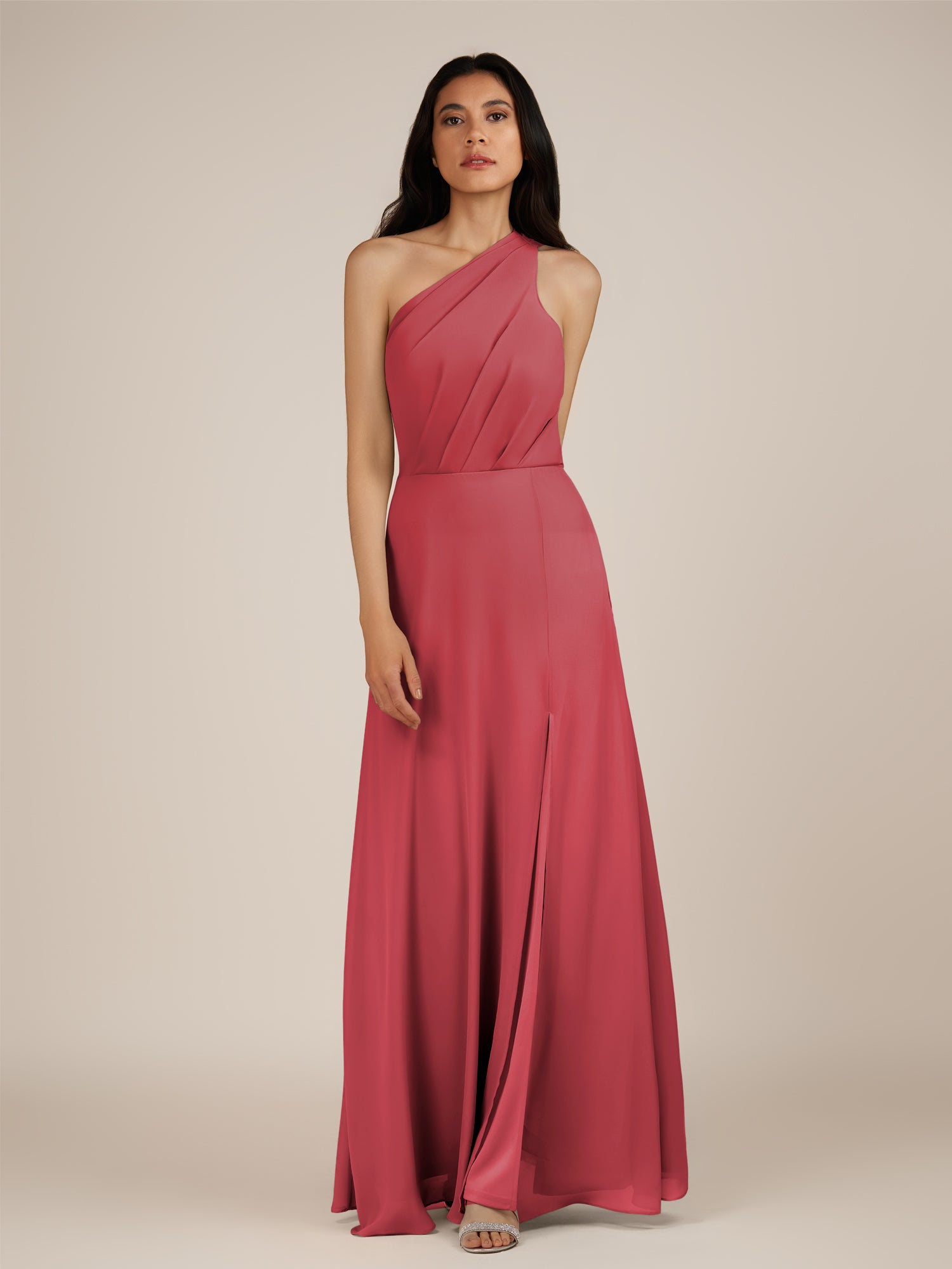 KissDress-Gaura Merlot A Line Chiffon One Shoulder Pleated Long Bridesmaid Dress with Slit