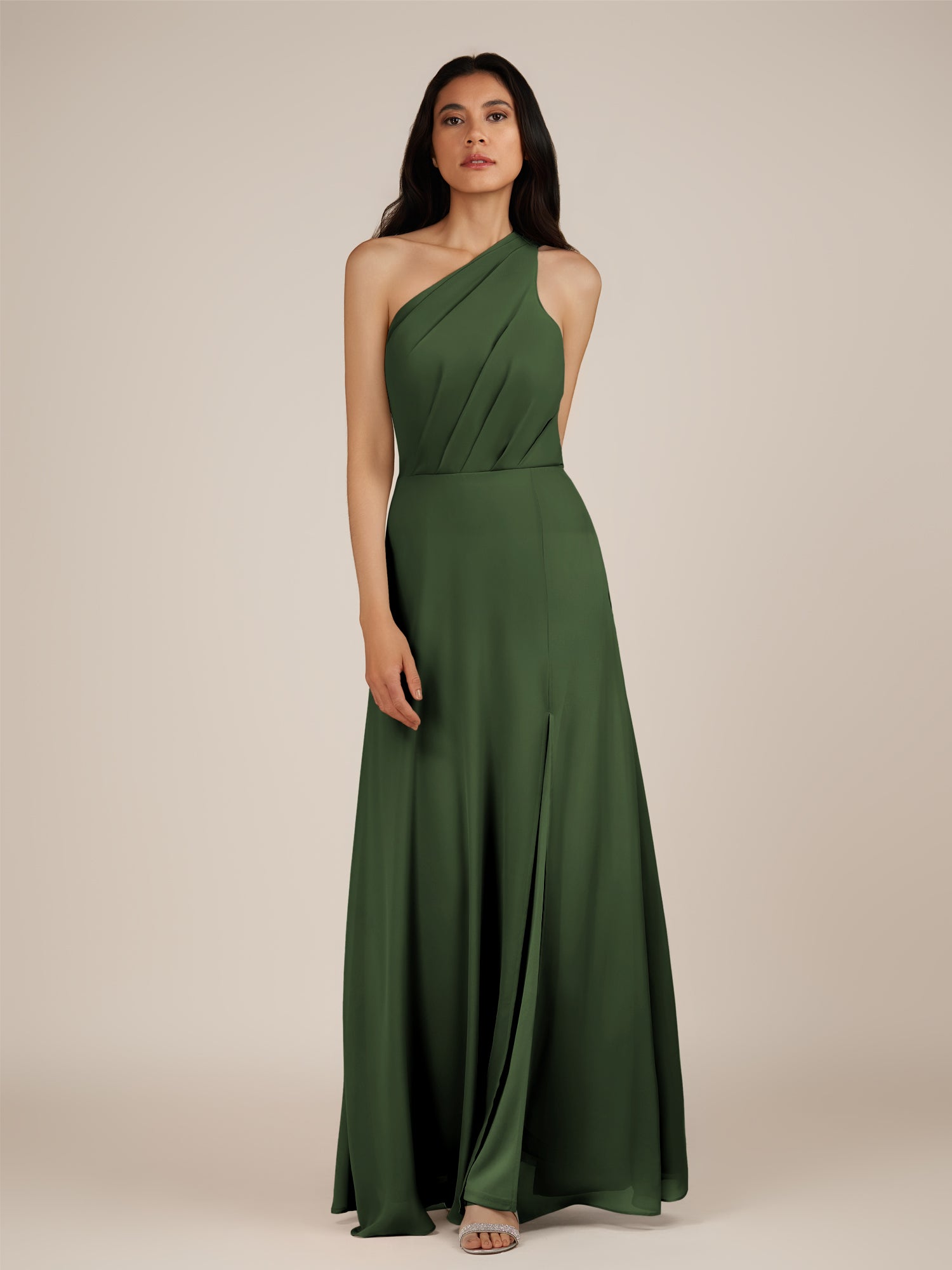 KissDress-Gaura Moss A Line Chiffon One Shoulder Pleated Long Bridesmaid Dress with Slit