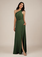 KissDress-Gaura Moss A Line Chiffon One Shoulder Pleated Long Bridesmaid Dress with Slit