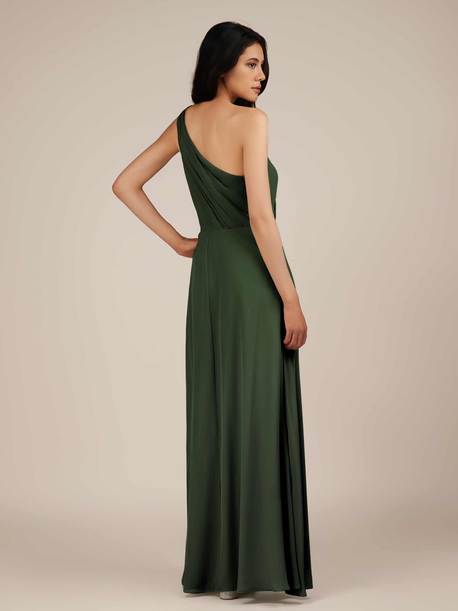 KissDress-Gaura Moss A Line Chiffon One Shoulder Pleated Long Bridesmaid Dress with Slit