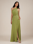 KissDress-Gaura Moss Green A Line Chiffon One Shoulder Pleated Long Bridesmaid Dress with Slit
