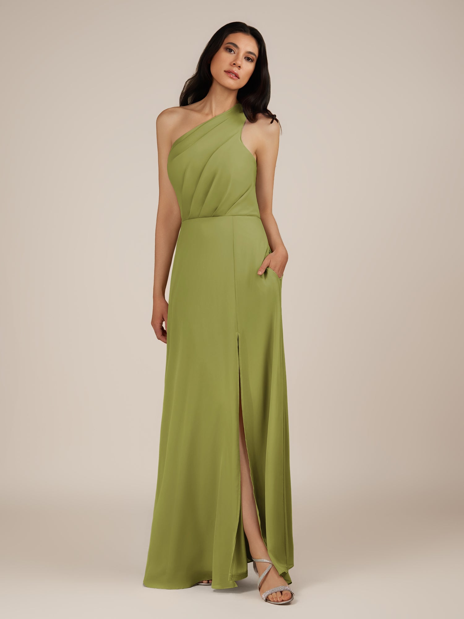 KissDress-Gaura Moss Green A Line Chiffon One Shoulder Pleated Long Bridesmaid Dress with Slit