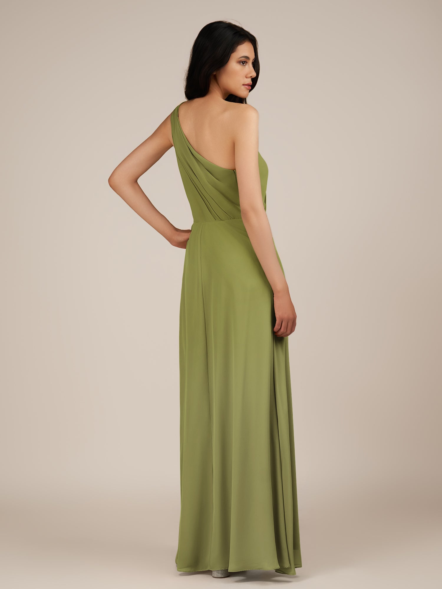 KissDress-Gaura Moss Green A Line Chiffon One Shoulder Pleated Long Bridesmaid Dress with Slit