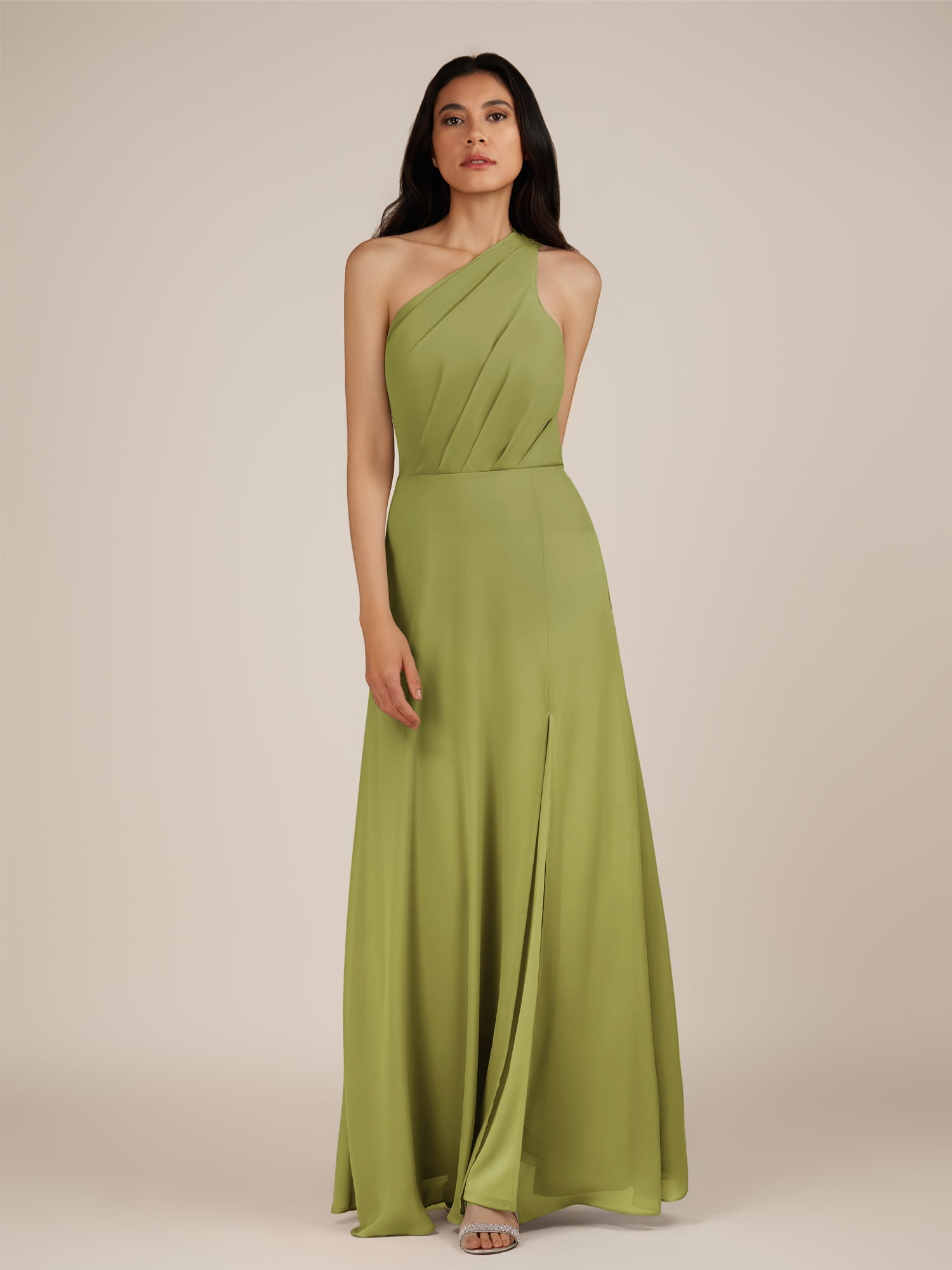 KissDress-Gaura Moss Green A Line Chiffon One Shoulder Pleated Long Bridesmaid Dress with Slit