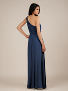 KissDress-Gaura Navy A Line Chiffon One Shoulder Pleated Long Bridesmaid Dress with Slit