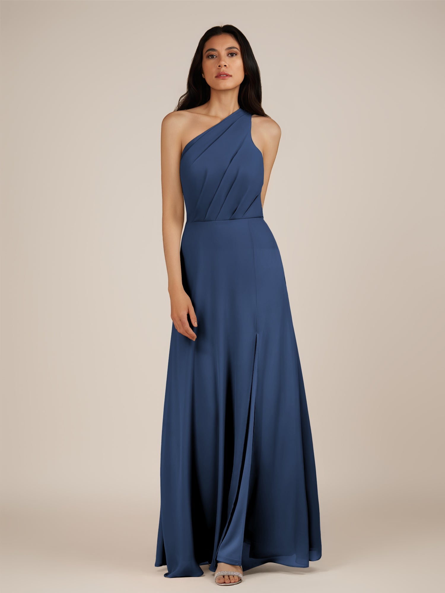 KissDress-Gaura Navy A Line Chiffon One Shoulder Pleated Long Bridesmaid Dress with Slit