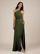 KissDress-Gaura Olive A Line Chiffon One Shoulder Pleated Long Bridesmaid Dress with Slit