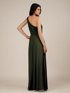 KissDress-Gaura Olive A Line Chiffon One Shoulder Pleated Long Bridesmaid Dress with Slit