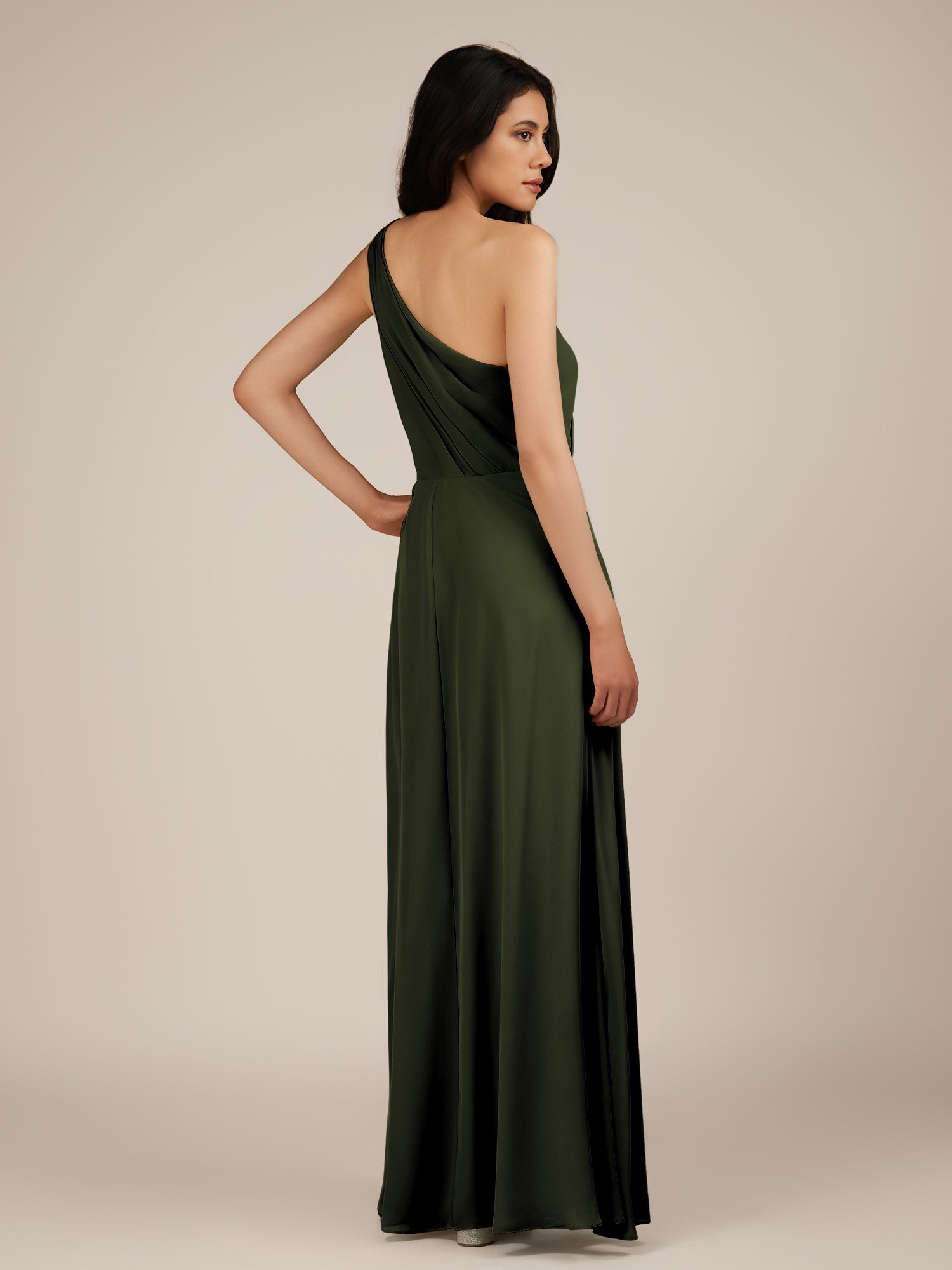 KissDress-Gaura Olive A Line Chiffon One Shoulder Pleated Long Bridesmaid Dress with Slit