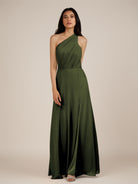 KissDress-Gaura Olive A Line Chiffon One Shoulder Pleated Long Bridesmaid Dress with Slit