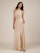 KissDress-Gaura Pale Blush A Line Chiffon One Shoulder Pleated Long Bridesmaid Dress with Slit