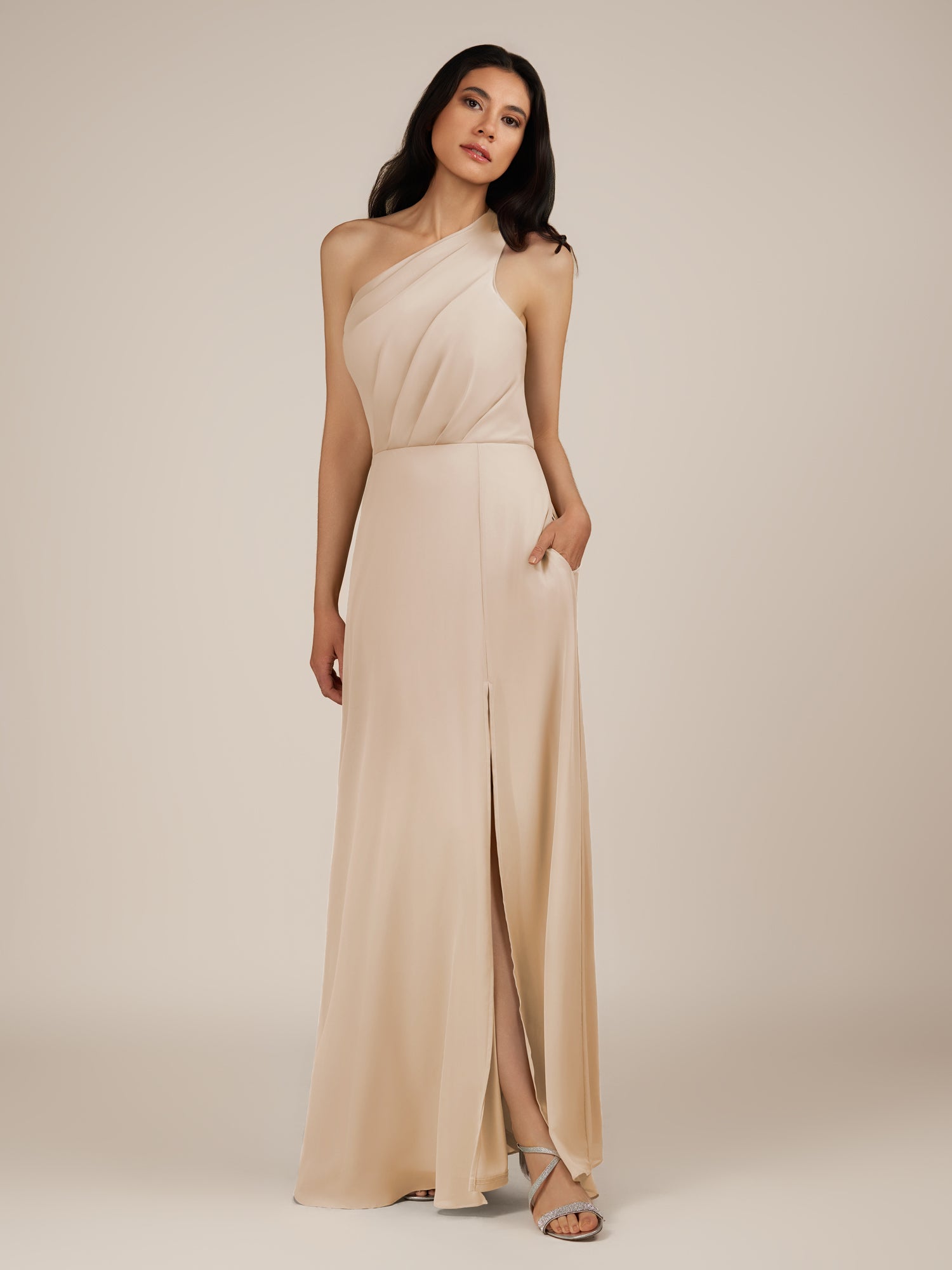 KissDress-Gaura Pale Blush A Line Chiffon One Shoulder Pleated Long Bridesmaid Dress with Slit