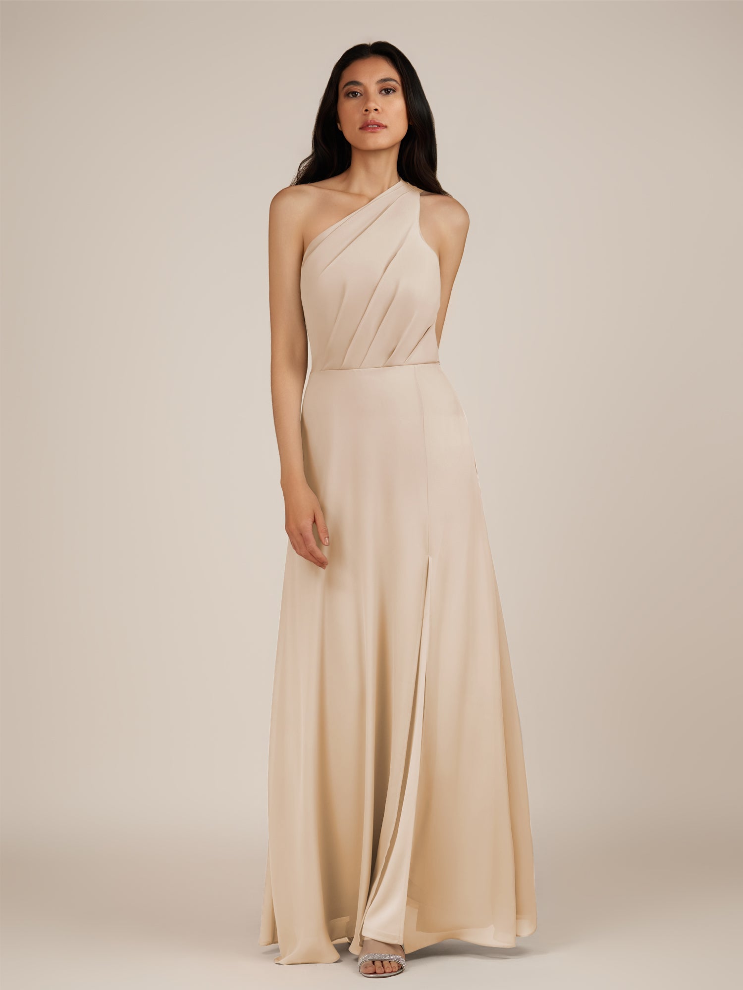 KissDress-Gaura Pale Blush A Line Chiffon One Shoulder Pleated Long Bridesmaid Dress with Slit