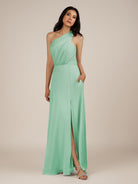 KissDress-Gaura Pale Pistachio A Line Chiffon One Shoulder Pleated Long Bridesmaid Dress with Slit