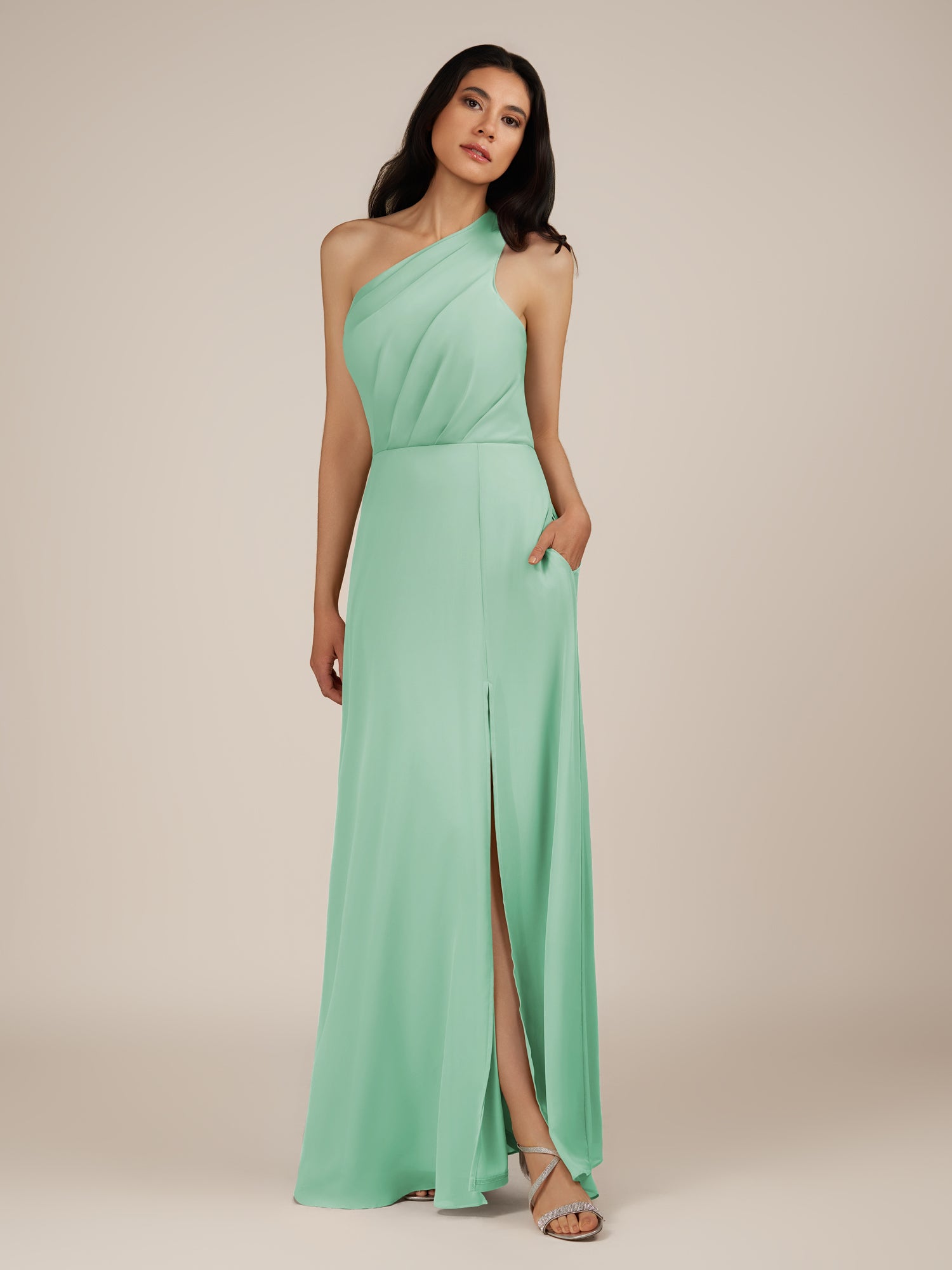 KissDress-Gaura Pale Pistachio A Line Chiffon One Shoulder Pleated Long Bridesmaid Dress with Slit