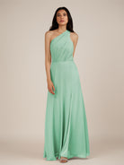KissDress-Gaura Pale Pistachio A Line Chiffon One Shoulder Pleated Long Bridesmaid Dress with Slit
