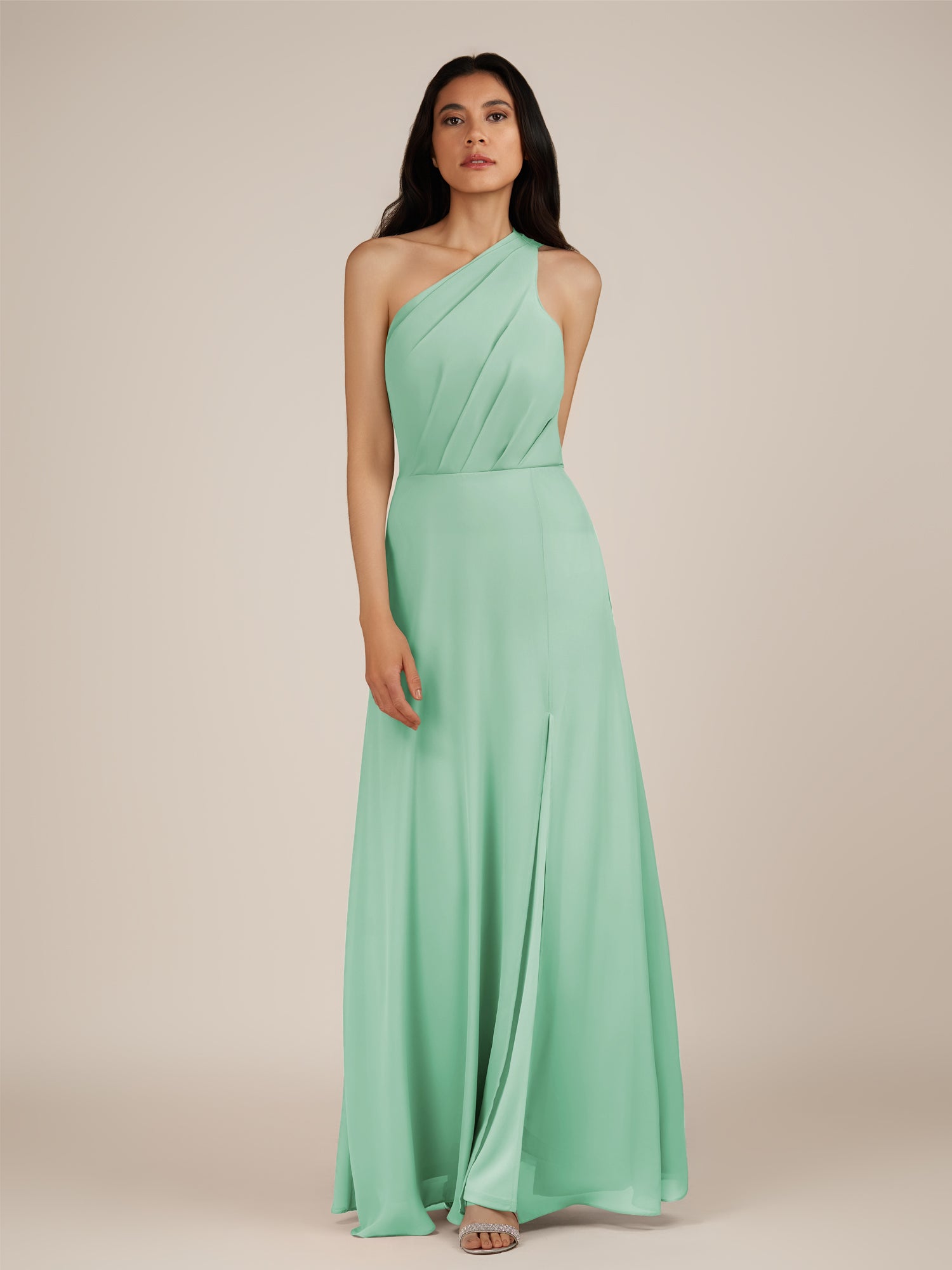 KissDress-Gaura Pale Pistachio A Line Chiffon One Shoulder Pleated Long Bridesmaid Dress with Slit