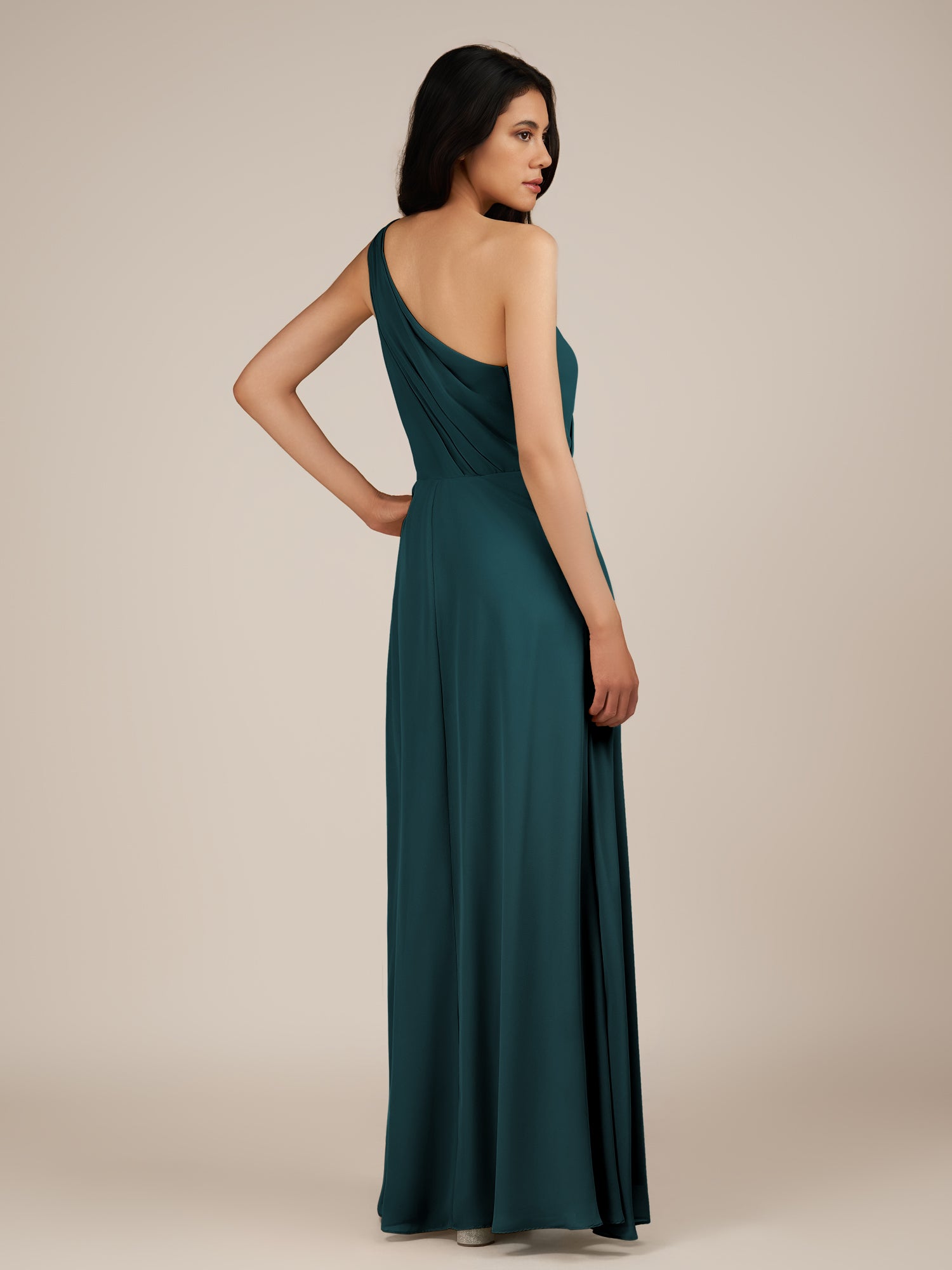 KissDress-Gaura Pine A Line Chiffon One Shoulder Pleated Long Bridesmaid Dress with Slit